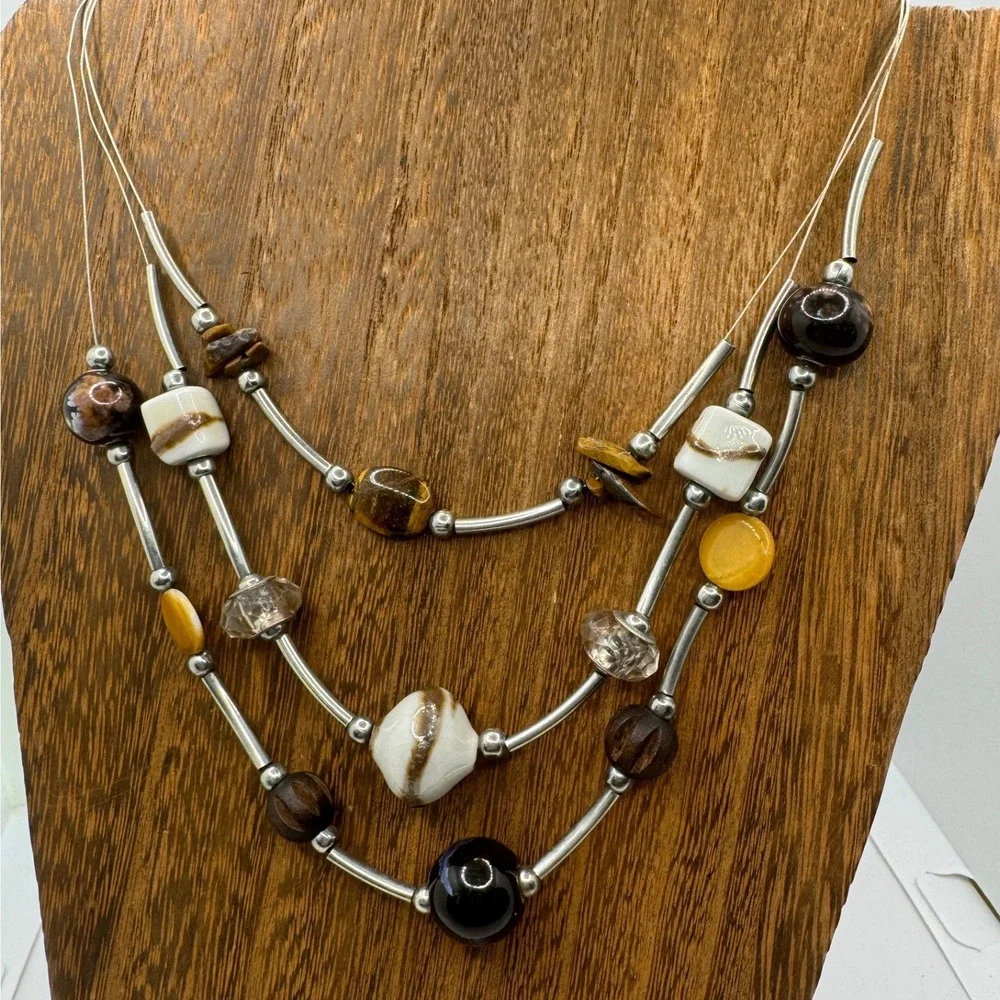 Multi Layered Beaded Statement Necklace Brown Silver Stone Wood Boho Artisan